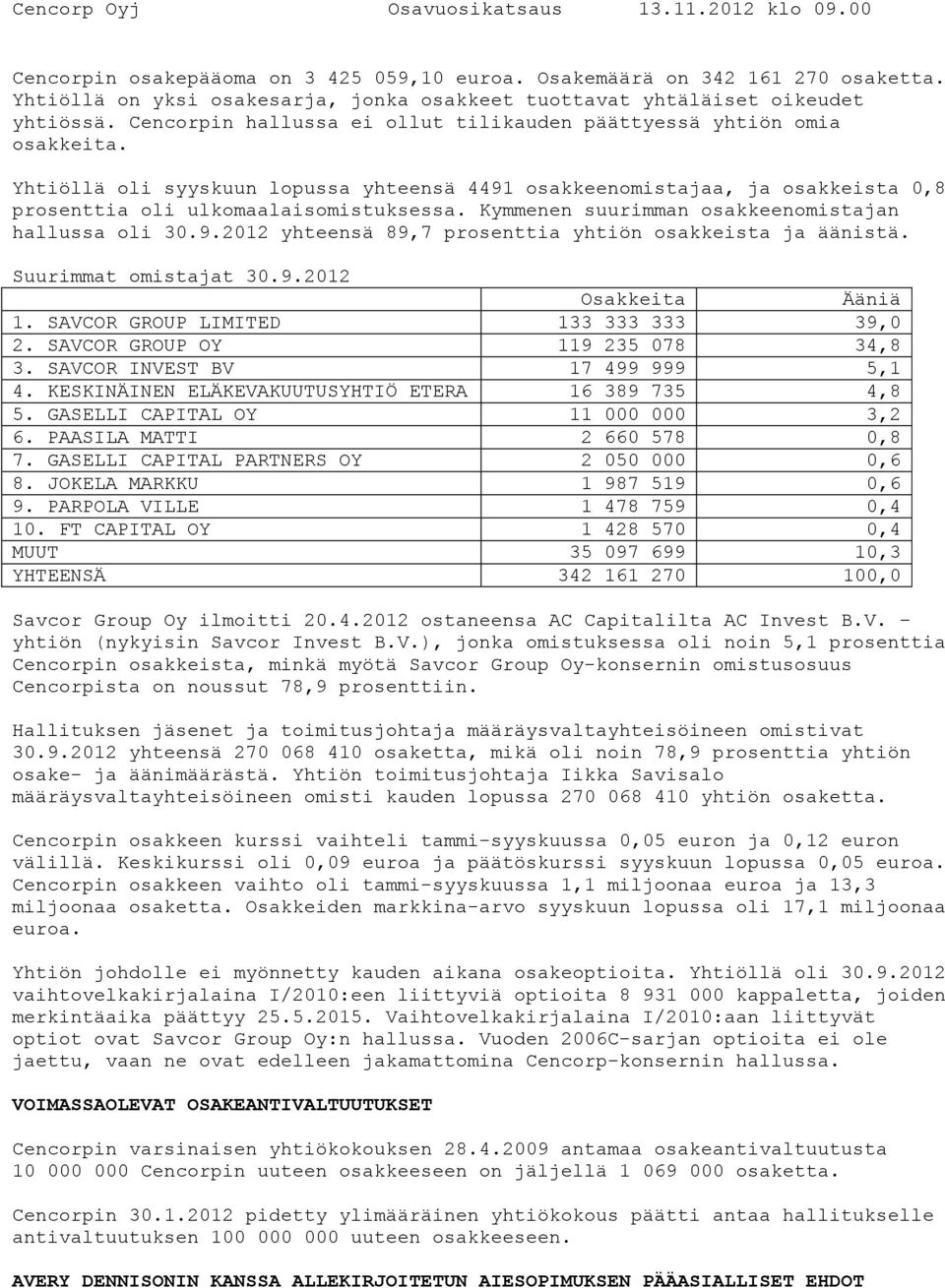 Kymmenen suurimman osakkeenomistajan hallussa oli 30.9.2012 yhteensä 89,7 prosenttia yhtiön osakkeista ja äänistä. Suurimmat omistajat 30.9.2012 Osakkeita Ääniä 1.