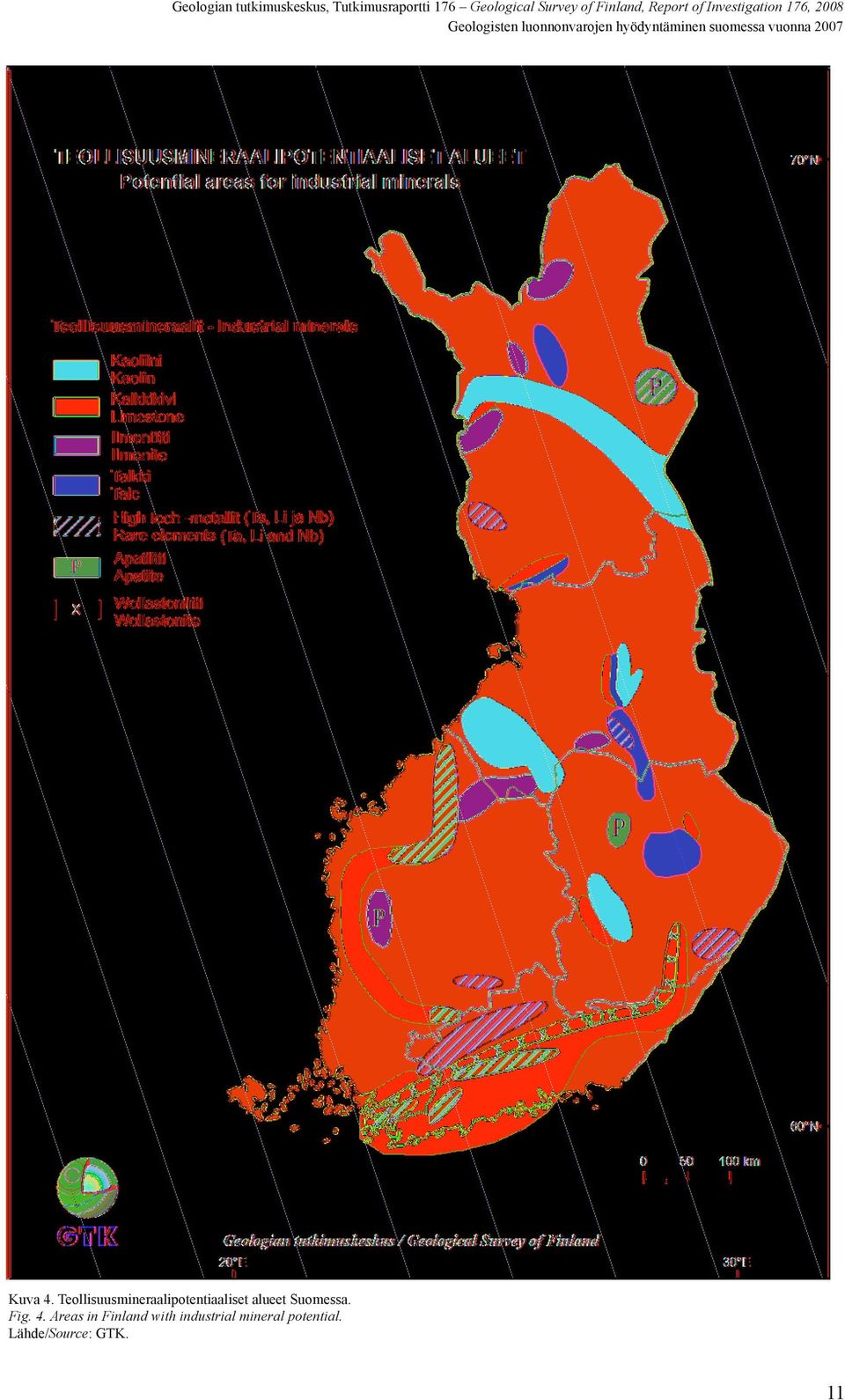 Teollisuusmineraalipotentiaaliset alueet Suomessa.