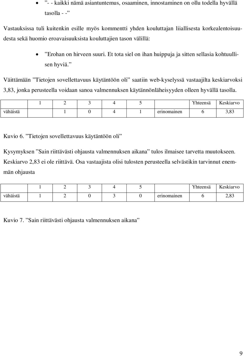 Väittämään Tietojen sovellettavuus käytäntöön oli saatiin web-kyselyssä vastaajilta keskiarvoksi 3,83, jonka perusteella voidaan sanoa valmennuksen käytännönläheisyyden olleen hyvällä tasolla.