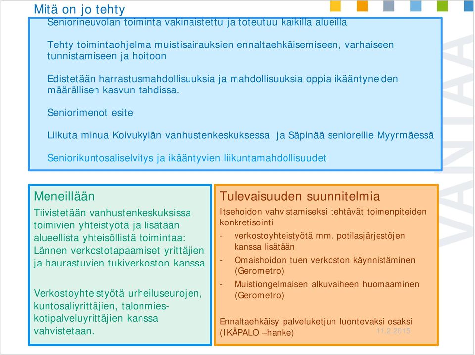 Seniorimenot esite Liikuta minua Koivukylän vanhustenkeskuksessa ja Säpinää senioreille Myyrmäessä Seniorikuntosaliselvitys ja ikääntyvien liikuntamahdollisuudet Meneillään Tiivistetään