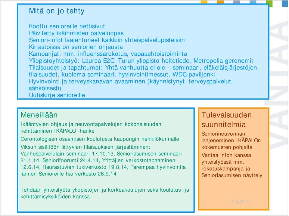 eläkeläisjärjestöjen tilaisuudet, kuolema seminaari, hyvinvointimessut, WDC-paviljonki Hyvinvointi ja terveyskanavan avaaminen (käynnistynyt, terveyspalvelut, sähköisesti) Uutiskirje senioreille