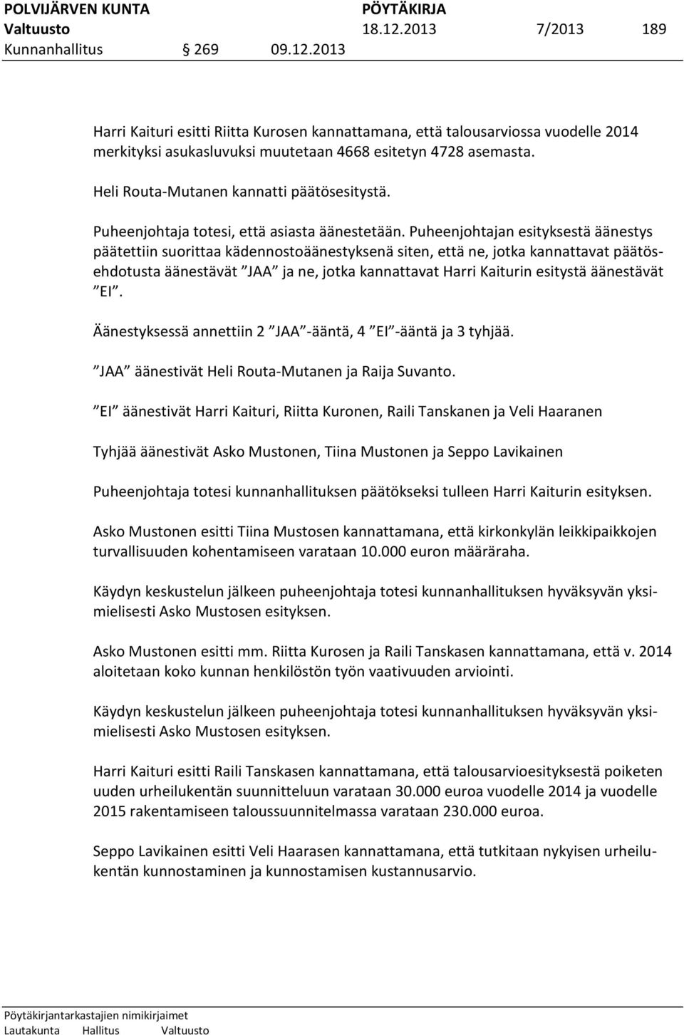 Puheenjohtajan esityksestä äänestys päätettiin suorittaa kädennostoäänestyksenä siten, että ne, jotka kannattavat päätösehdotusta äänestävät JAA ja ne, jotka kannattavat Harri Kaiturin esitystä