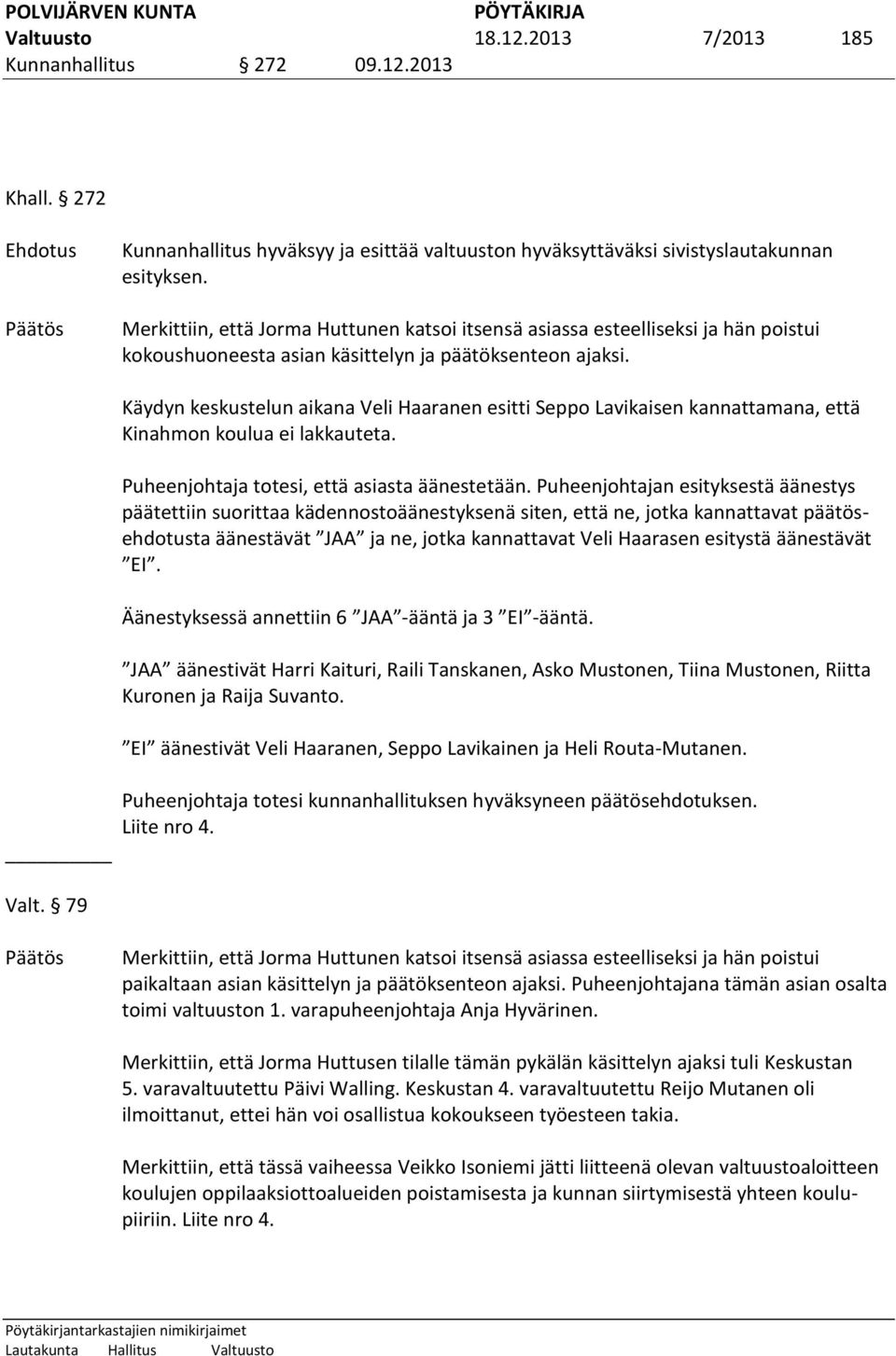 79 Käydyn keskustelun aikana Veli Haaranen esitti Seppo Lavikaisen kannattamana, että Kinahmon koulua ei lakkauteta. Puheenjohtaja totesi, että asiasta äänestetään.