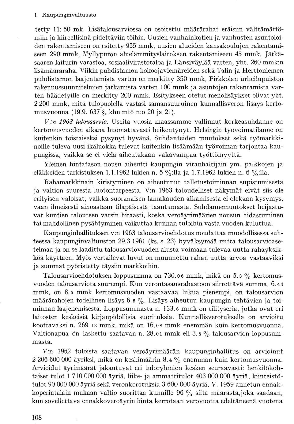 Jätkäsaaren laiturin varastoa, sosiaalivirastotaloa ja Länsiväylää varten, yht. 260 mmk:n lisämääräraha.