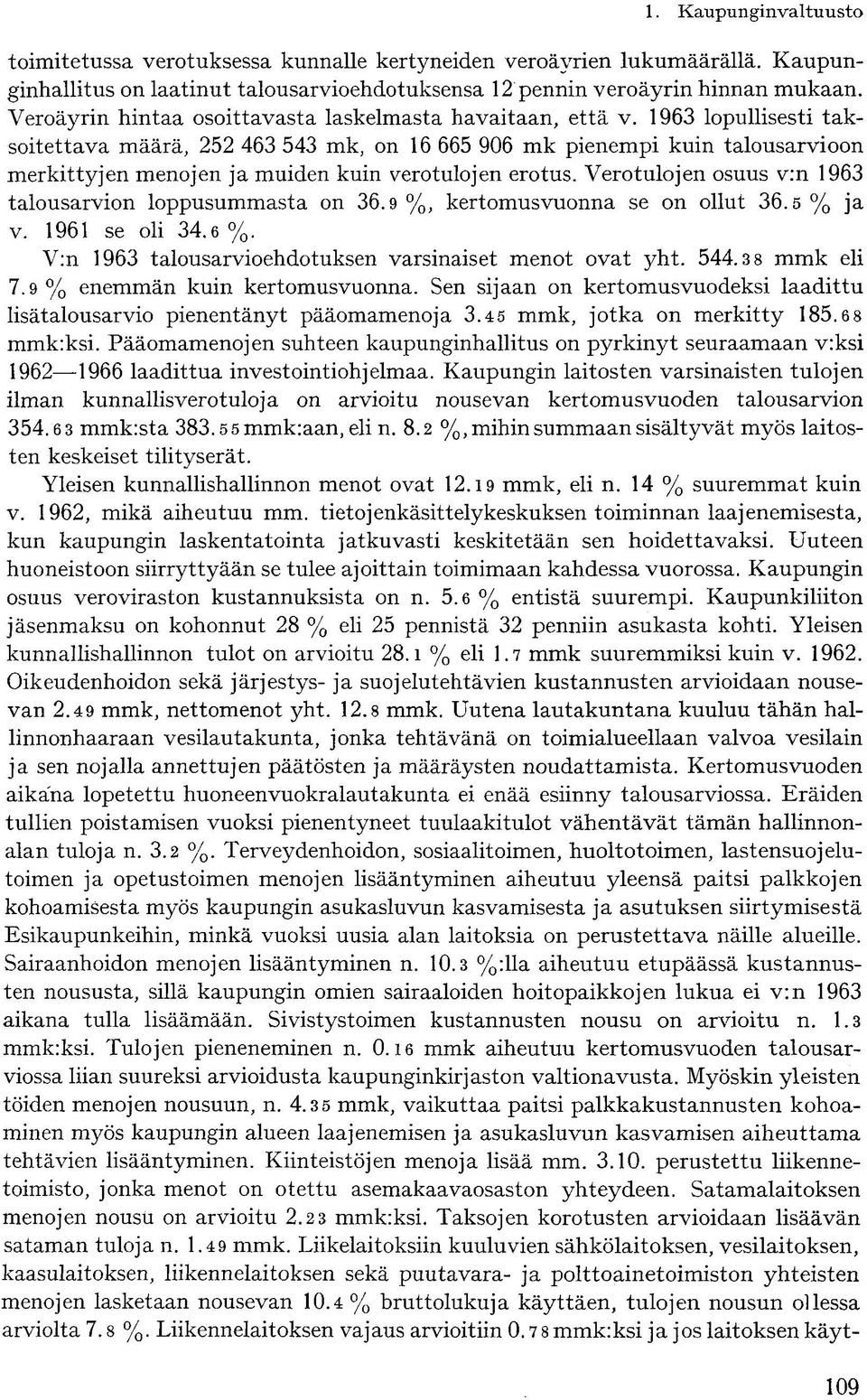 1963 lopullisesti taksoitettava määrä, 252 463 543 mk, on 16 665 906 mk pienempi kuin talousarvioon merkittyjen menojen ja muiden kuin verotulojen erotus.