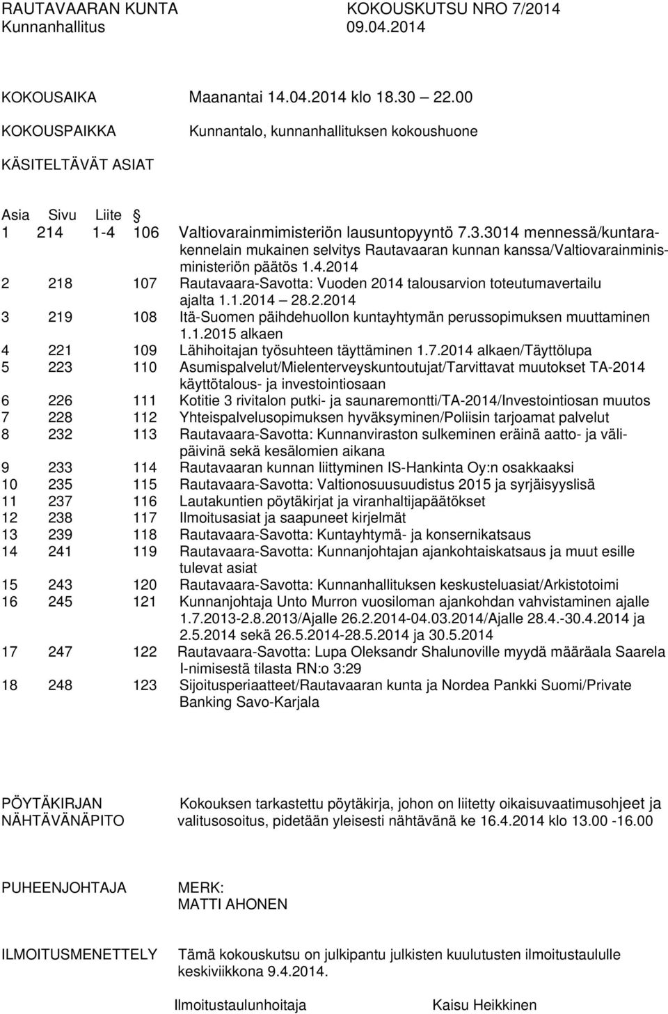3014 mennessä/kuntarakennelain mukainen selvitys Rautavaaran kunnan kanssa/valtiovarainminisministeriön päätös 1.4.2014 2 218 107 Rautavaara-Savotta: Vuoden 2014 talousarvion toteutumavertailu ajalta 1.
