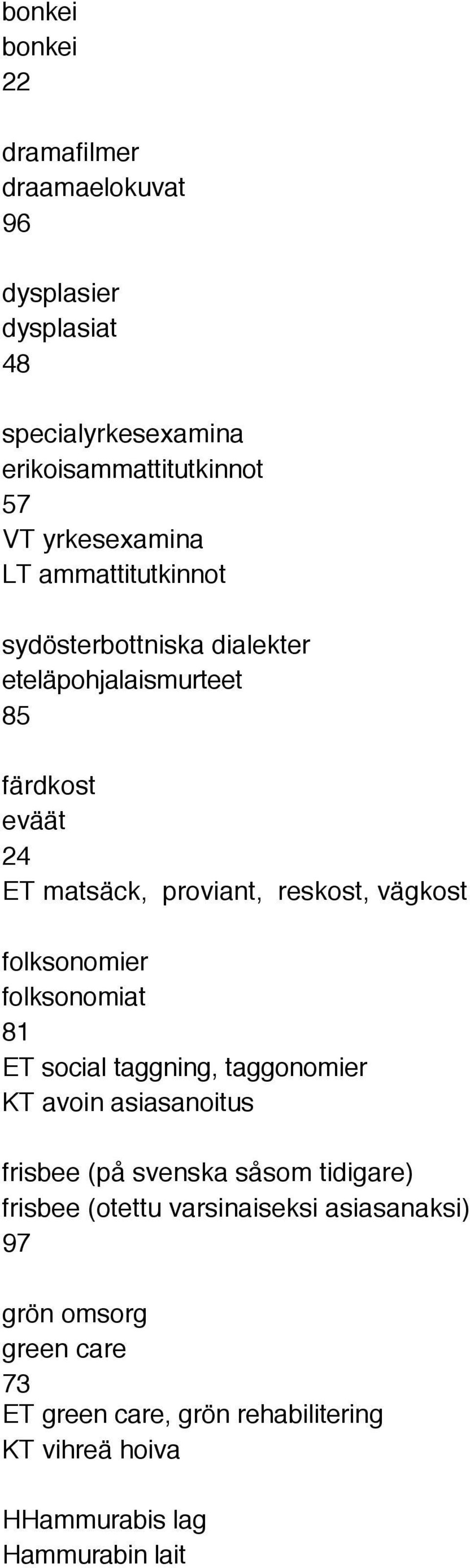 folksonomier folksonomiat 81 ET social taggning, taggonomier KT avoin asiasanoitus frisbee (på svenska såsom tidigare) frisbee