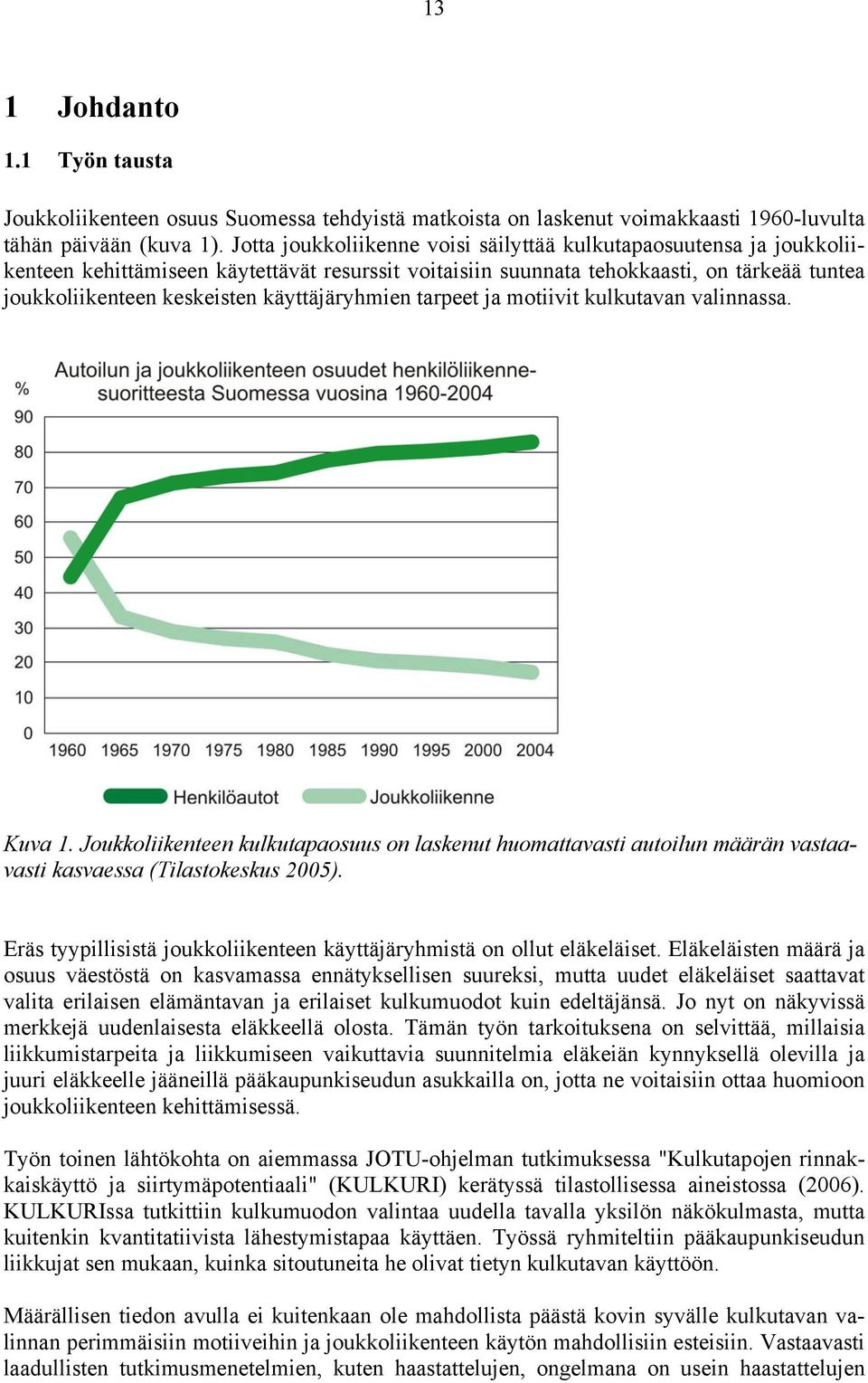 käyttäjäryhmien tarpeet ja motiivit kulkutavan valinnassa. Kuva 1. Joukkoliikenteen kulkutapaosuus on laskenut huomattavasti autoilun määrän vastaavasti kasvaessa (Tilastokeskus 2005).