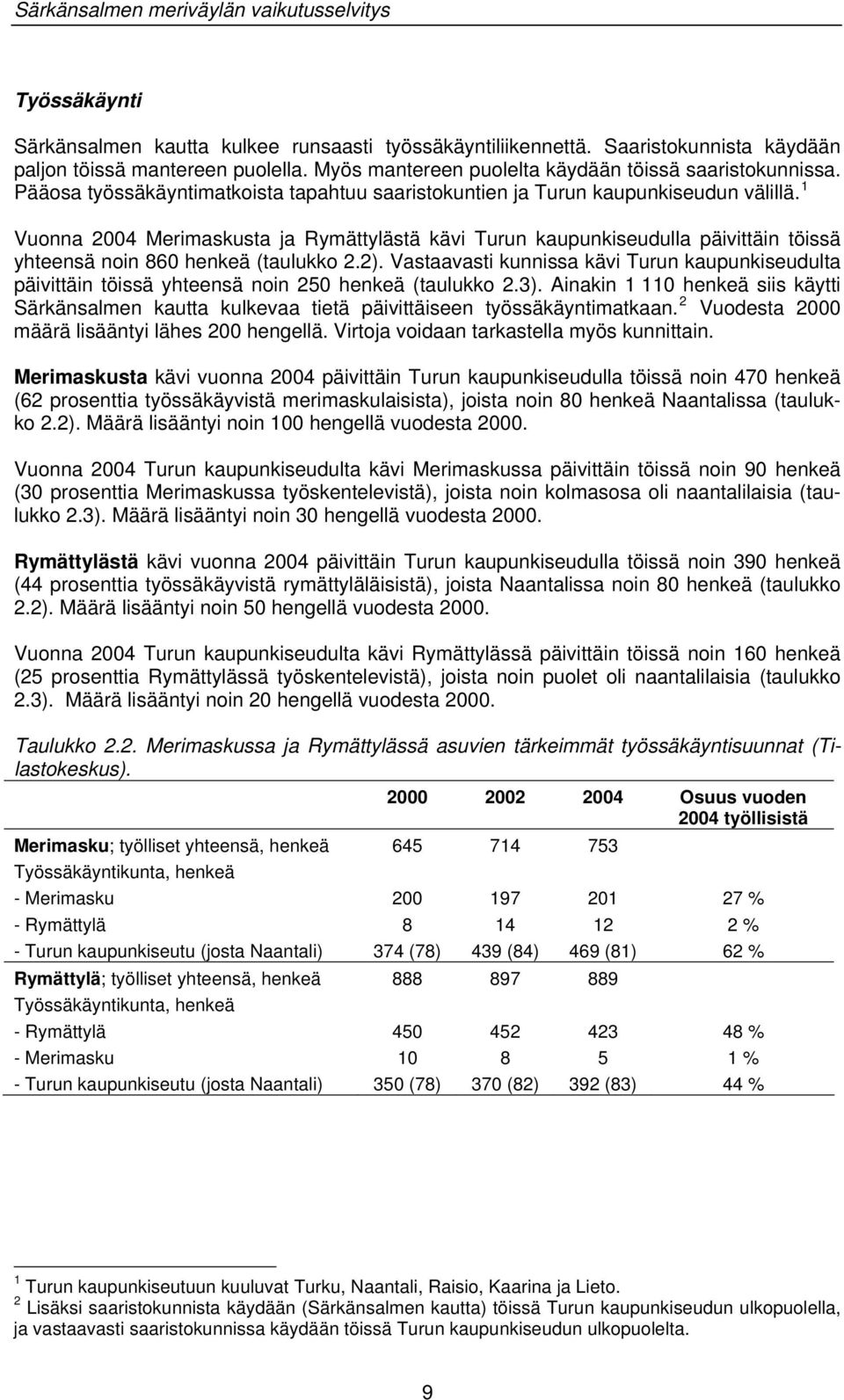 1 Vuonna 2004 Merimaskusta ja Rymättylästä kävi Turun kaupunkiseudulla päivittäin töissä yhteensä noin 860 henkeä (taulukko 2.2).