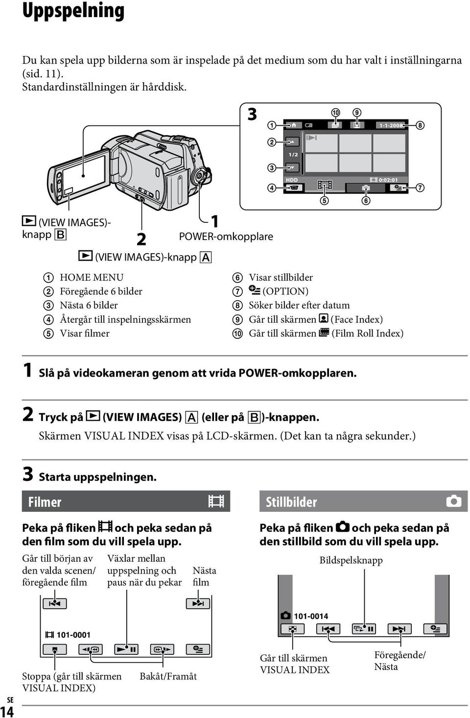 Går till skärmen (Face Index) Går till skärmen (Film Roll Index) 1 Slå på videokameran genom att vrida POWER-omkopplaren. 2 Tryck på (VIEW IMAGES) (eller på )-knappen.