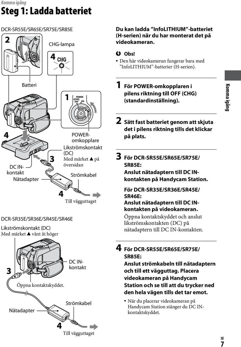 Komma igång 4 DCR-SR35E/SR36E/SR45E/SR46E Likströmskontakt (DC) Med märket vänt åt höger DC INkontakt Nätadapter POWERomkopplare Likströmskontakt (DC) Med märket på översidan Strömkabel Till