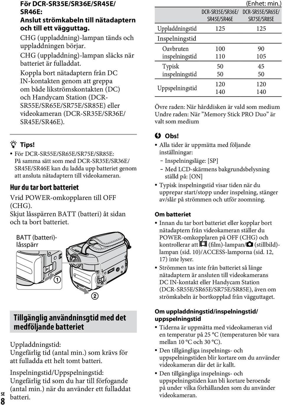 Koppla bort nätadaptern från DC IN-kontakten genom att greppa om både likströmskontakten (DC) och Handycam Station (DCR- SR55E/SR65E/SR75E/SR85E) eller videokameran (DCR-SR35E/SR36E/ SR45E/SR46E).