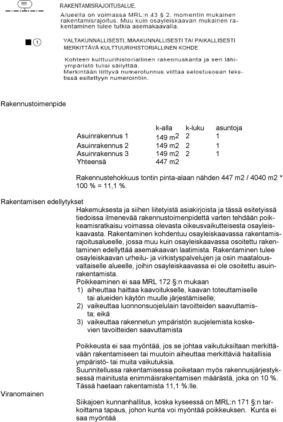 Rakentamisen edellytykset Hakemuksesta ja siihen liitetyistä asiakirjoista ja tässä esite tyissä tiedoissa ilmenevää rakennustoimenpidettä varten tehdään poikkeamisratkaisu voimassa olevasta