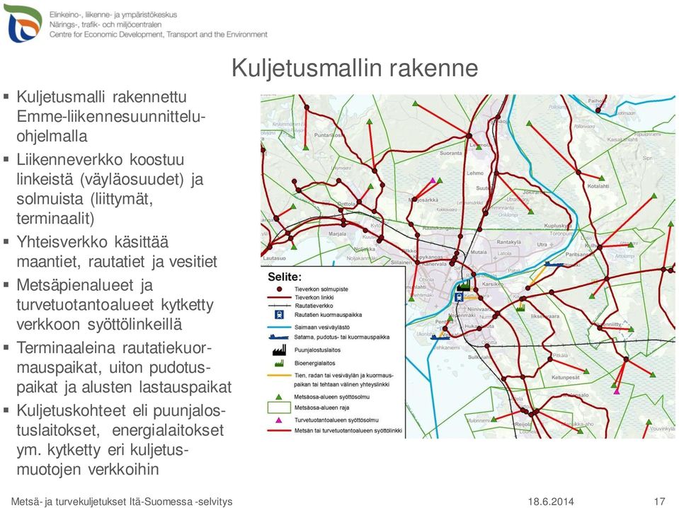 kytketty verkkoon syöttölinkeillä Terminaaleina rautatiekuormauspaikat, uiton pudotuspaikat ja alusten lastauspaikat