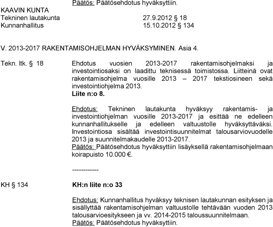 Liitteinä ovat rakentamisohjelma vuosille 2013 2017 tekstiosineen sekä investointiohjelma 2013. Liite n:o 8.