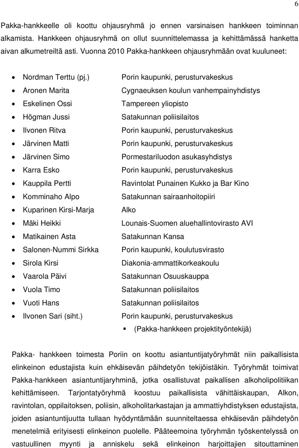 ) Aronen Marita Eskelinen Ossi Högman Jussi Ilvonen Ritva Järvinen Matti Järvinen Simo Karra Esko Kauppila Pertti Komminaho Alpo Kuparinen Kirsi-Marja Mäki Heikki Matikainen Asta Salonen-Nummi Sirkka