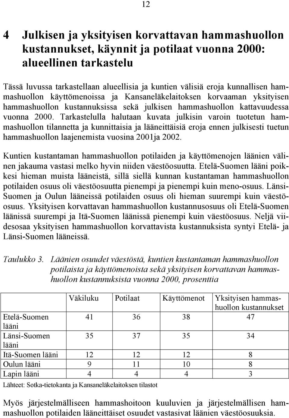 Tarkastelulla halutaan kuvata julkisin varoin tuotetun hammashuollon tilannetta ja kunnittaisia ja lääneittäisiä eroja ennen julkisesti tuetun hammashuollon laajenemista vuosina 2001ja 2002.