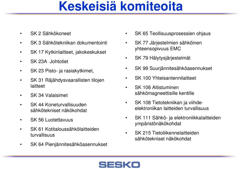 Teollisuusprosessien ohjaus SK 77 Järjestelmien sähköinen yhteensopivuus EMC SK 79 Hälytysjärjestelmät SK 99 Suurjännitesähköasennukset SK 100 Yhteisantennilaitteet SK 106 Altistuminen
