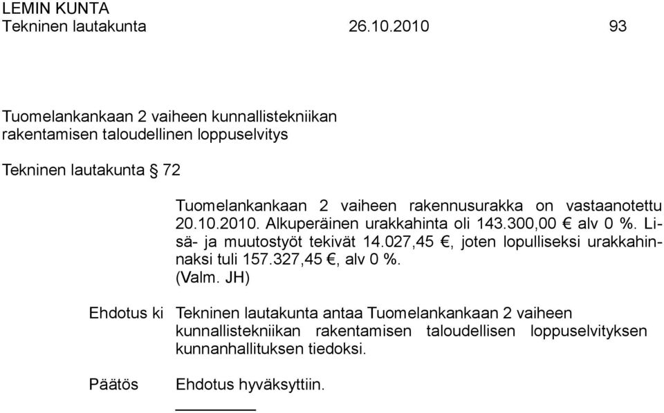 Tuomelankankaan 2 vaiheen rakennusurakka on vastaanotettu 20.10.2010. Alkuperäinen urakkahinta oli 143.300,00 alv 0 %.