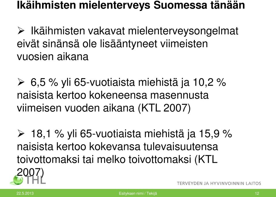 kokeneensa masennusta viimeisen vuoden aikana (KTL 2007) 18,1 % yli 65-vuotiaista miehistä ja 15,9 %