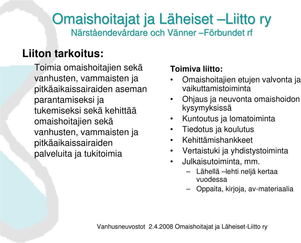 tukitoimia Toimiva liitto: Omaishoitajien etujen valvonta ja vaikuttamistoiminta Ohjaus ja neuvonta omaishoidon kysymyksissä Kuntoutus ja lomatoiminta