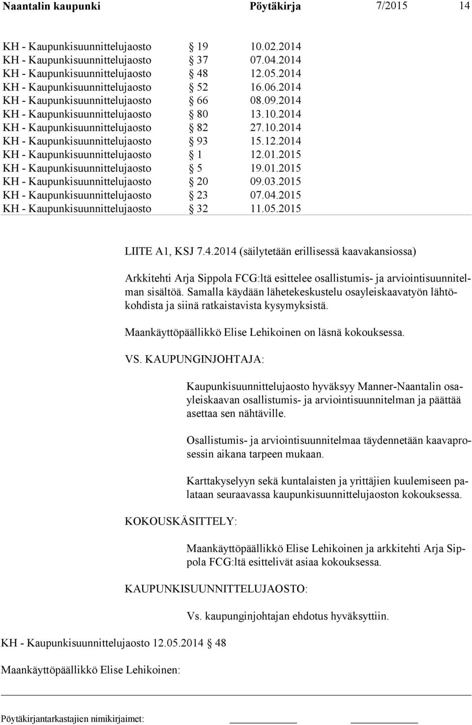 12.2014 KH - Kaupunkisuunnittelujaosto 1 12.01.2015 KH - Kaupunkisuunnittelujaosto 5 19.01.2015 KH - Kaupunkisuunnittelujaosto 20 09.03.2015 KH - Kaupunkisuunnittelujaosto 23 07.04.