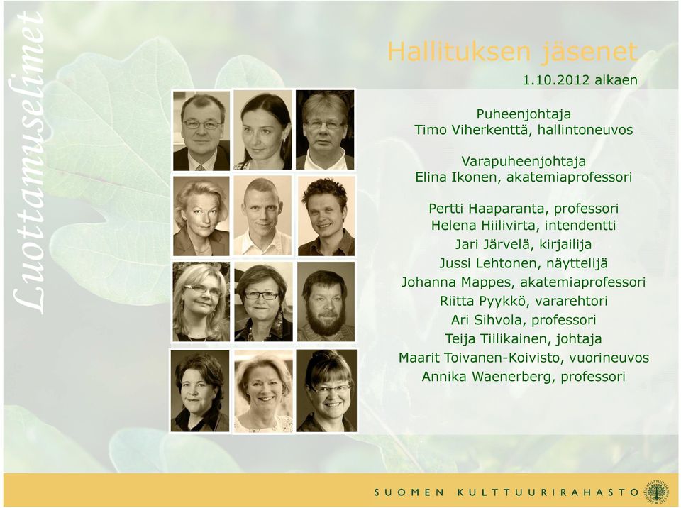 Pertti Haaparanta, professori Helena Hiilivirta, intendentti Jari Järvelä, kirjailija Jussi Lehtonen,