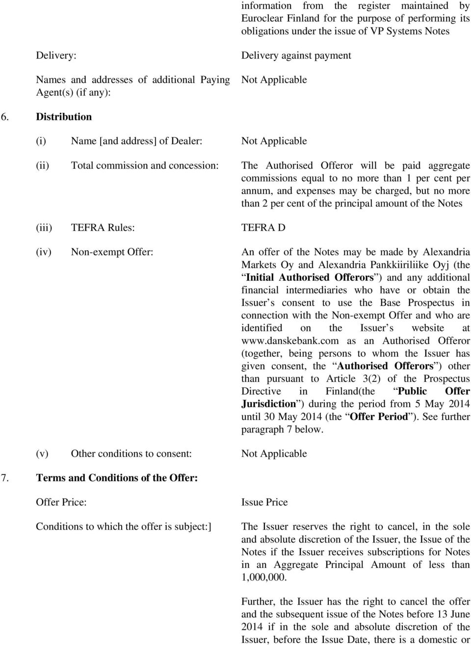 Distribution (i) Name [and address] of Dealer: Not Applicable (ii) Total commission and concession: The Authorised Offeror will be paid aggregate commissions equal to no more than 1 per cent per