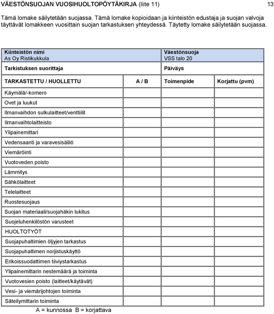 Kiinteistön nimi As Oy Ristikukkula Tarkistuksen suorittaja Väestönsuoja VSS talo 20 Päiväys TARKASTETTU / HUOLLETTU A / B Toimenpide Korjattu (pvm) Käymälä/-komero Ovet ja luukut Ilmanvaihdon