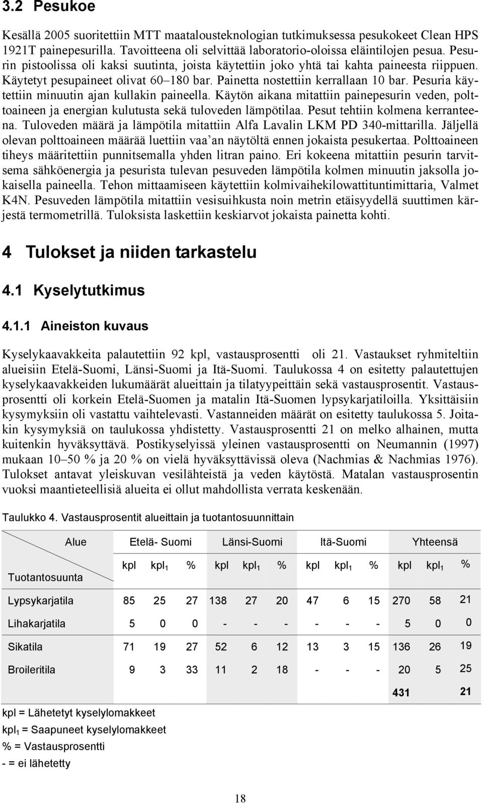 Pesuria käytettiin minuutin ajan kullakin paineella. Käytön aikana mitattiin painepesurin veden, polttoaineen ja energian kulutusta sekä tuloveden lämpötilaa. Pesut tehtiin kolmena kerranteena.