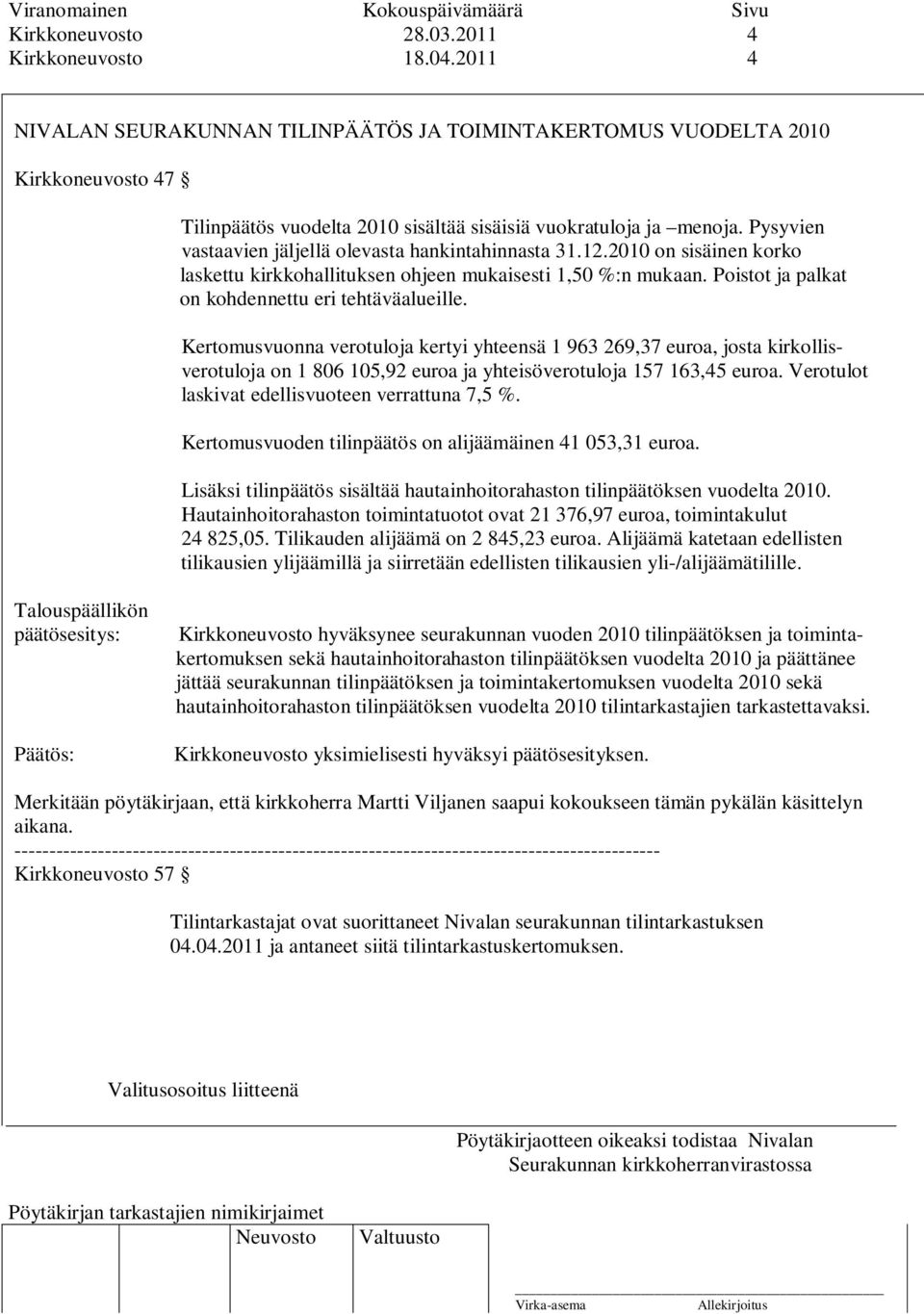 Pysyvien vastaavien jäljellä olevasta hankintahinnasta 31.12.2010 on sisäinen korko laskettu kirkkohallituksen ohjeen mukaisesti 1,50 %:n mukaan. Poistot ja palkat on kohdennettu eri tehtäväalueille.