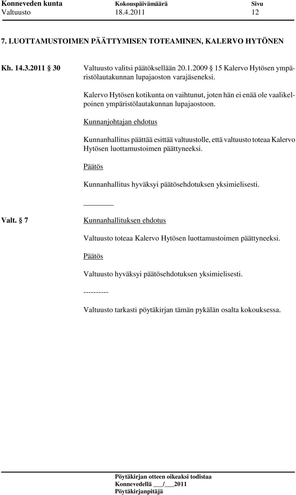 Kunnanhallitus päättää esittää valtuustolle, että valtuusto toteaa Kalervo Hytösen luottamustoimen päättyneeksi. Valt.