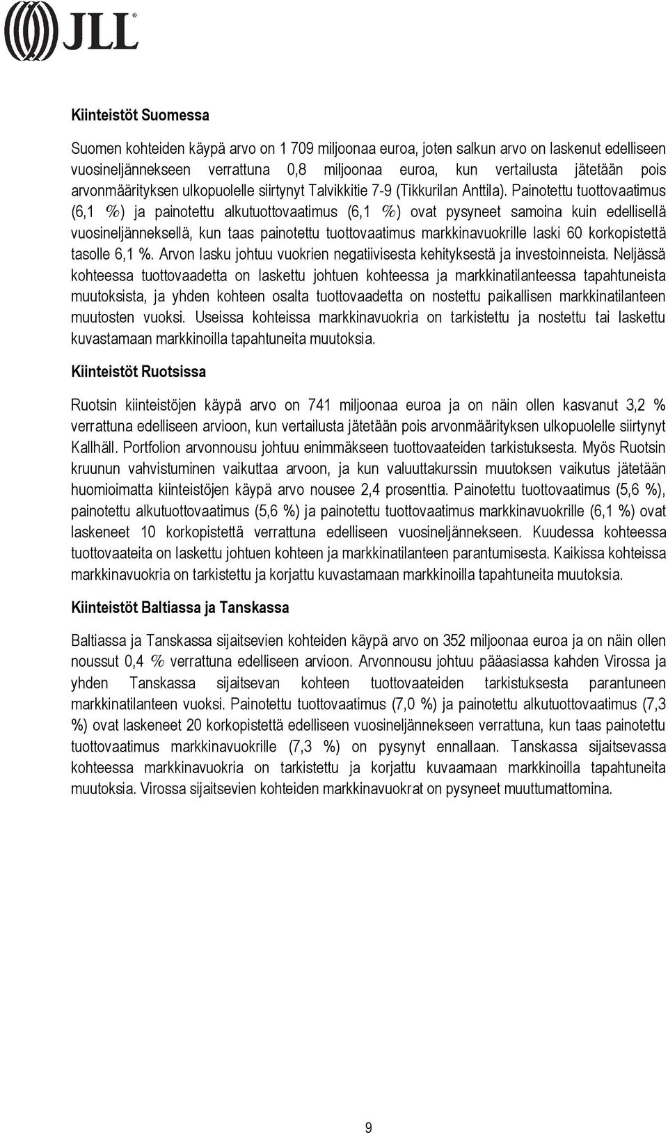 Painotettu tuottovaatimus (6,1 %) ja alkutuottovaatimus (6,1 %) ovat pysyneet samoina kuin edellisellä vuosineljänneksellä, kun taas tuottovaatimus markkinavuokrille laski 60 korkopistettä tasolle