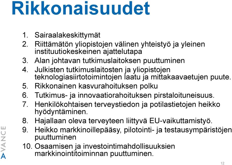 Rikkonainen kasvurahoituksen polku 6. Tutkimus- ja innovaatiorahoituksen pirstaloituneisuus. 7. Henkilökohtaisen terveystiedon ja potilastietojen heikko hyödyntäminen.