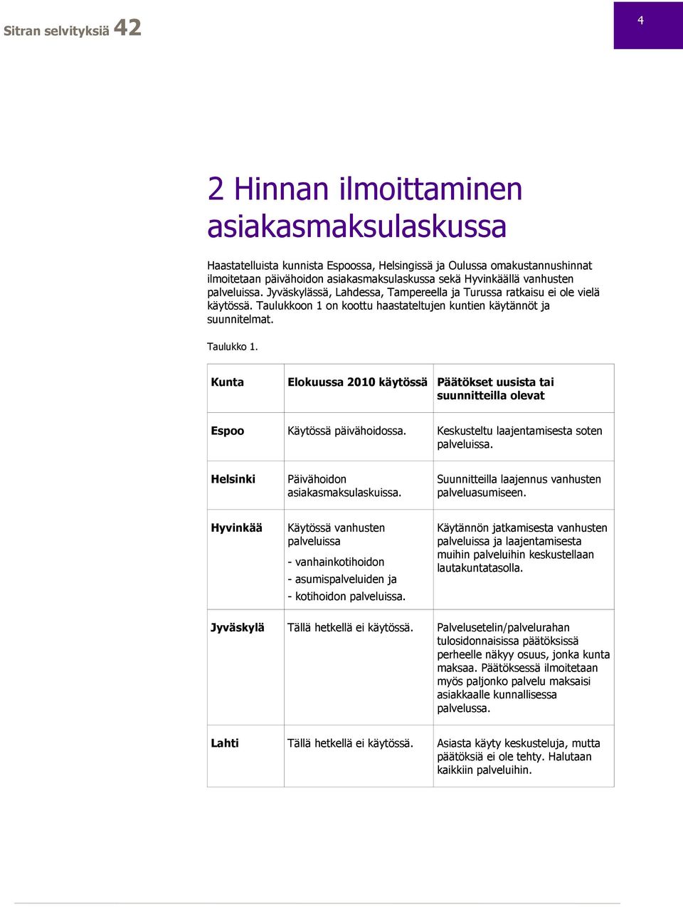 Kunta Elokuussa 2010 käytössä Päätökset uusista tai suunnitteilla olevat Espoo Käytössä päivähoidossa. Keskusteltu laajentamisesta soten palveluissa. Helsinki Päivähoidon asiakasmaksulaskuissa.