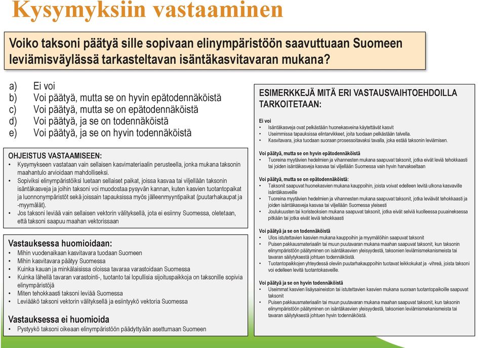 VASTAAMISEEN: Kysymykseen vastataan vain sellaisen kasvimateriaalin perusteella, jonka mukana taksonin maahantulo arvioidaan mahdolliseksi.
