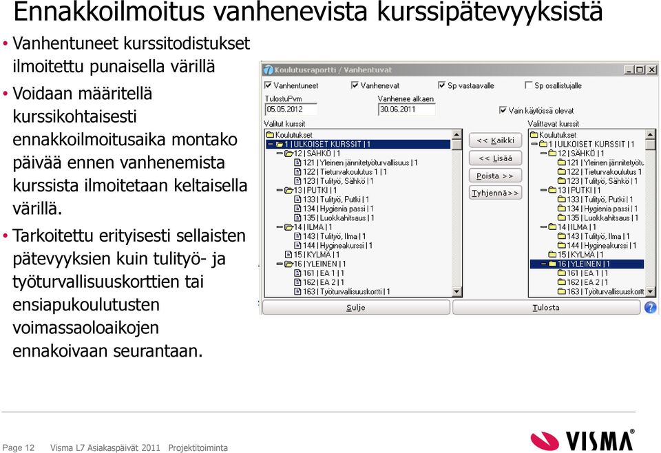 kurssista ilmoitetaan keltaisella värillä.