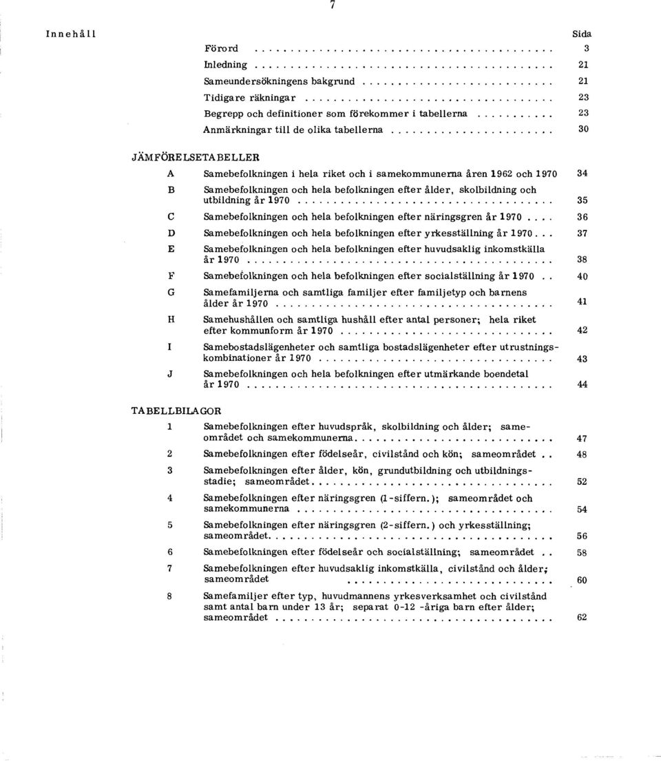 .. 30 JÄ M FÖ R E L SE TA B ELLER A Sam ebefolkningen i h ela rik e t och i sam ek o m m u n em a å re n 1962 och 1970 34 B Sam ebefolkningen och hela befolkningen e f te r å ld e r, skolbildning och
