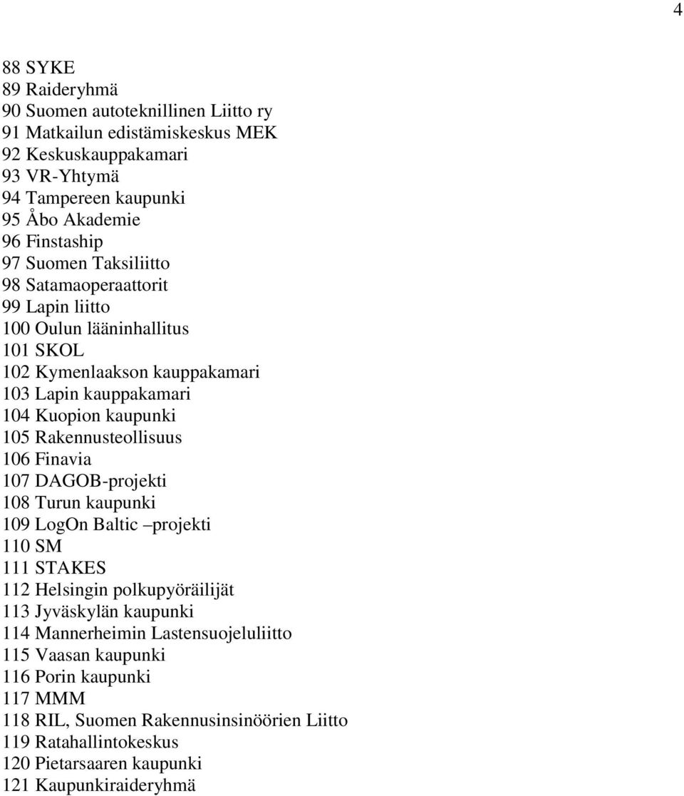 Rakennusteollisuus 106 Finavia 107 DAGOB-projekti 108 Turun kaupunki 109 LogOn Baltic projekti 110 SM 111 STAKES 112 Helsingin polkupyöräilijät 113 Jyväskylän kaupunki 114