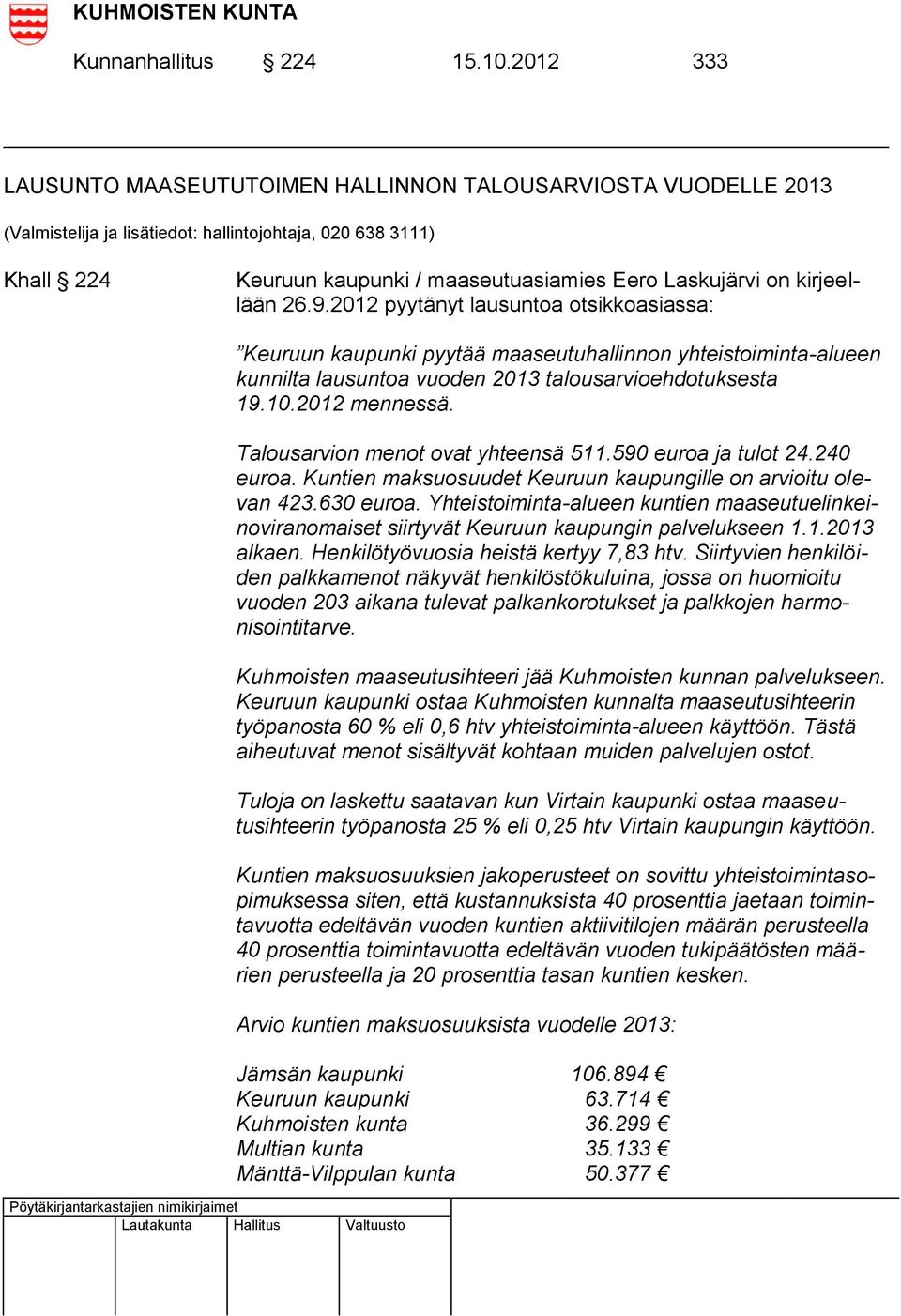 kirjeellään 26.9.2012 pyytänyt lausuntoa otsikkoasiassa: Keuruun kaupunki pyytää maaseutuhallinnon yhteistoiminta-alueen kunnilta lausuntoa vuoden 2013 talousarvioehdotuksesta 19.10.2012 mennessä.