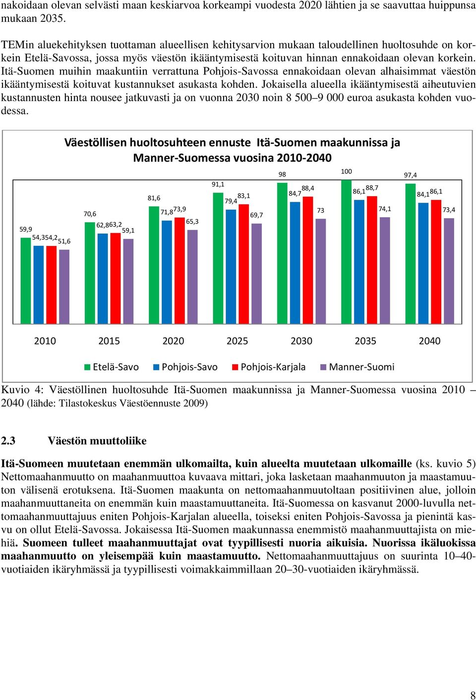 Itä-Suomen muihin maakuntiin verrattuna Pohjois-Savossa ennakoidaan olevan alhaisimmat väestön ikääntymisestä koituvat kustannukset asukasta kohden.