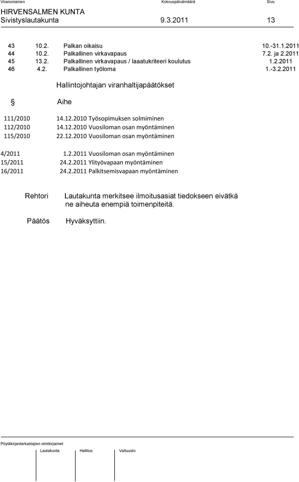12.2010 Vuosiloman osan myöntäminen 4/2011 1.2.2011 Vuosiloman osan myöntäminen 15/2011 24.2.2011 Ylityövapaan myöntäminen 16/2011 24.2.2011 Palkitsemisvapaan myöntäminen Rehtori Lautakunta merkitsee ilmoitusasiat tiedokseen eivätkä ne aiheuta enempiä toimenpiteitä.