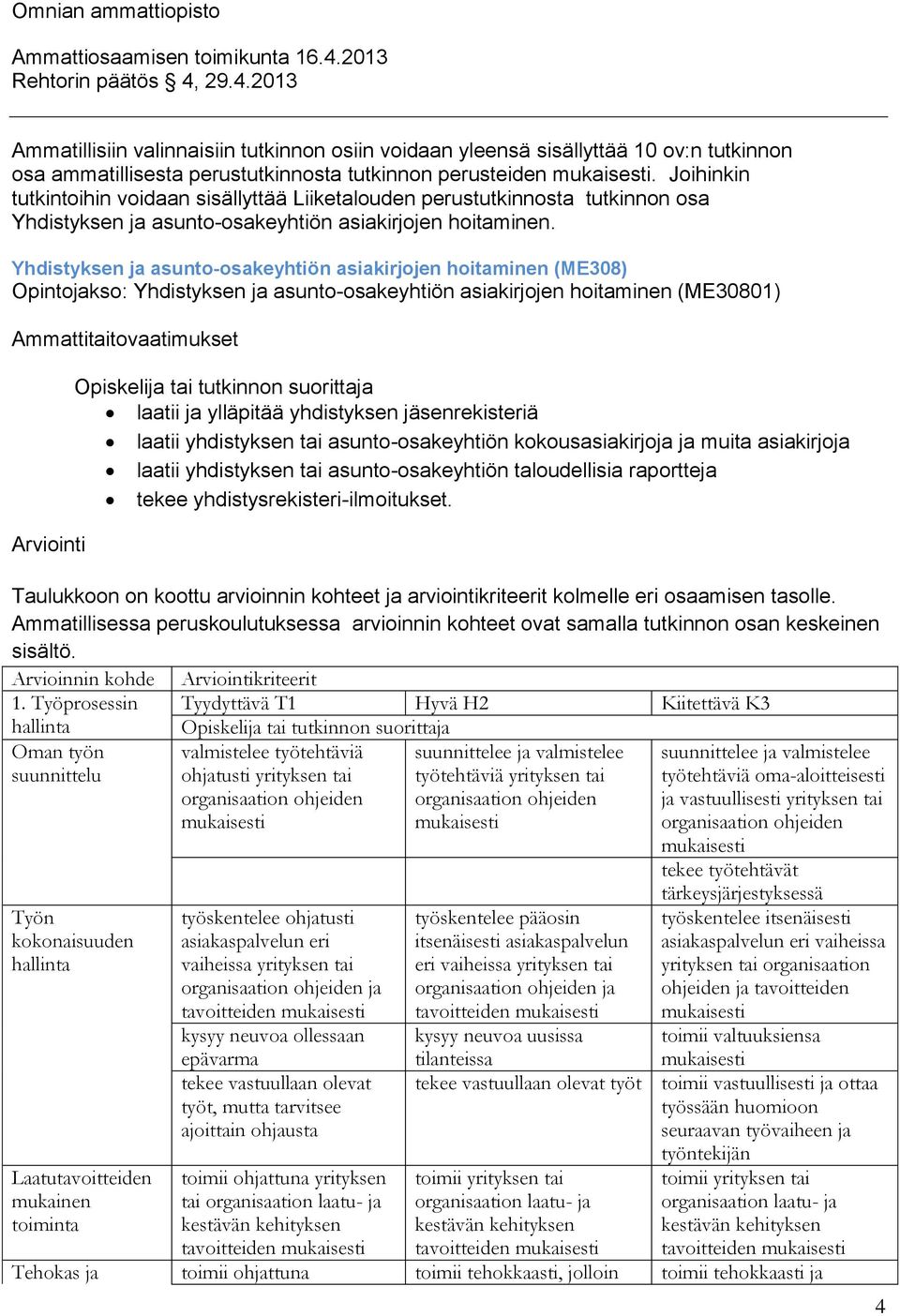 Yhdistyksen ja asunto-osakeyhtiön asiakirjojen hoitaminen (ME308) Opintojakso: Yhdistyksen ja asunto-osakeyhtiön asiakirjojen hoitaminen (ME30801) Ammattitaitovaatimukset Arviointi tai tutkinnon