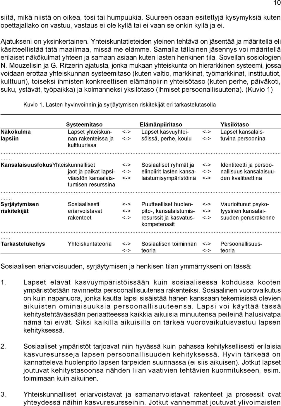 Samalla tällainen jäsennys voi määritellä erilaiset näkökulmat yhteen ja samaan asiaan kuten lasten henkinen tila. Sovellan sosiologien N. Mouzelisin ja G.