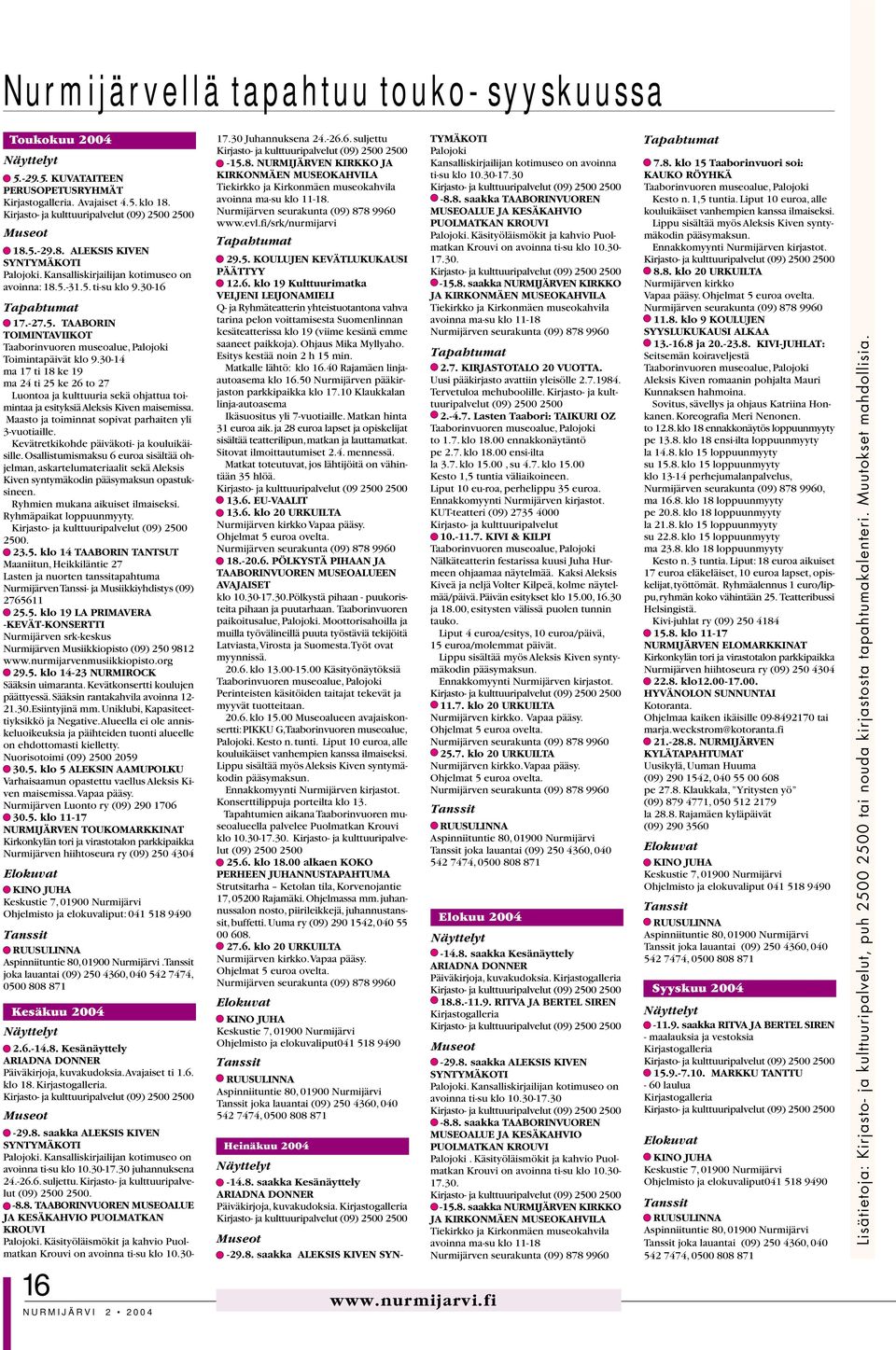 30-14 ma 17 ti 18 ke 19 ma 24 ti 25 ke 26 to 27 Luontoa ja kulttuuria sekä ohjattua toimintaa ja esityksiä Aleksis Kiven maisemissa. Maasto ja toiminnat sopivat parhaiten yli 3-vuotiaille.