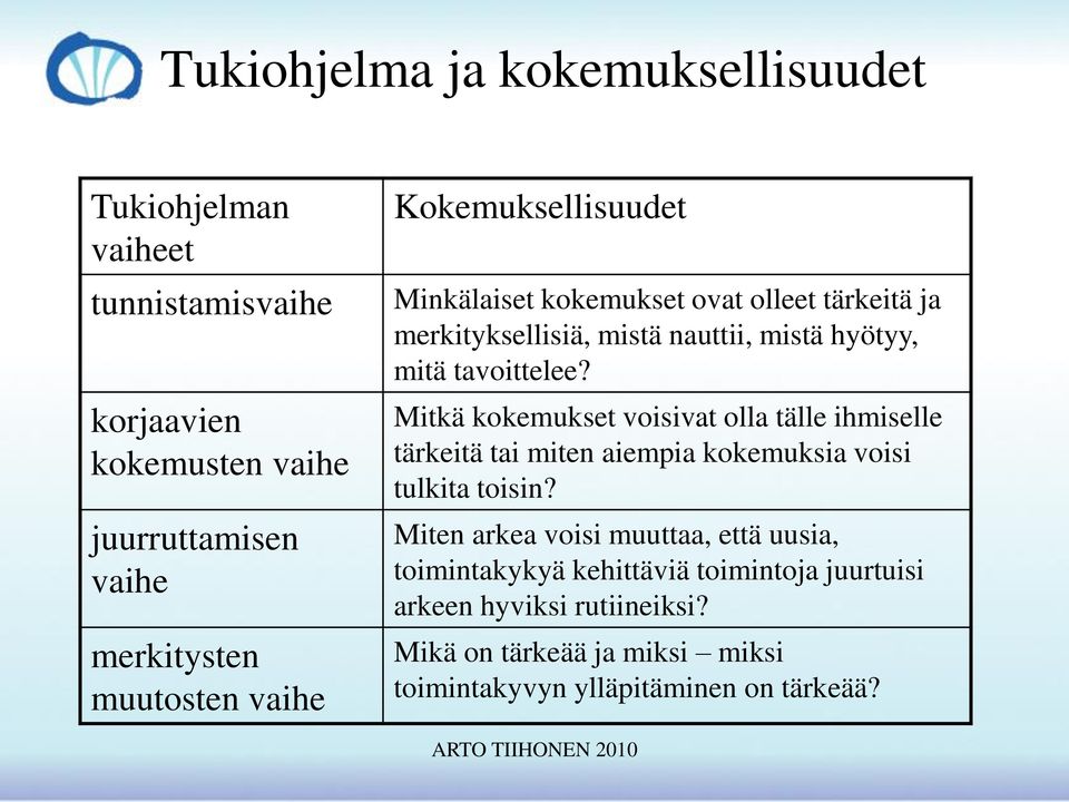 Mitkä kokemukset voisivat olla tälle ihmiselle tärkeitä tai miten aiempia kokemuksia voisi tulkita toisin?