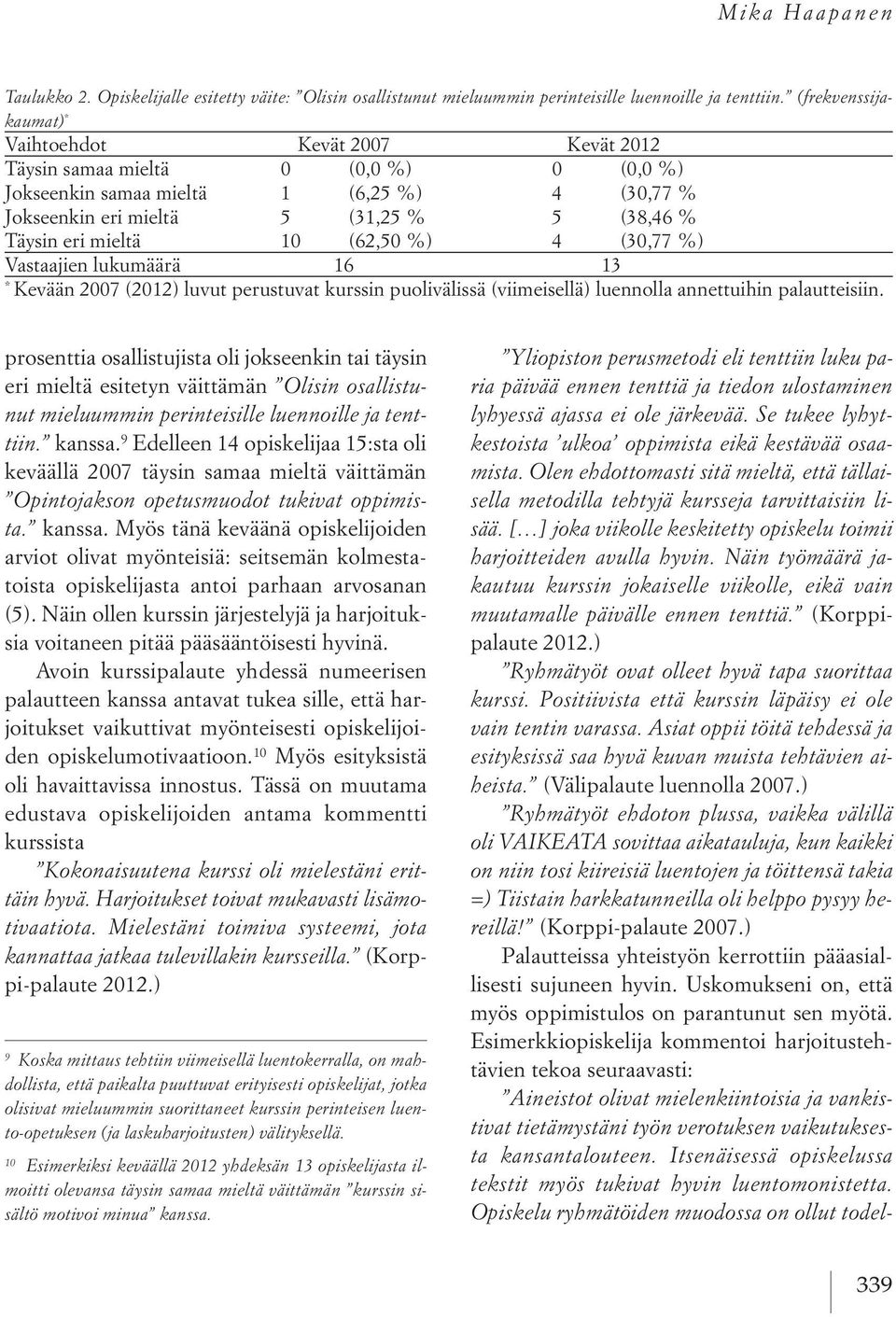 mieltä 10 (62,50 %) 4 (30,77 %) Vastaajien lukumäärä 16 13 * Kevään 2007 (2012) luvut perustuvat kurssin puolivälissä (viimeisellä) luennolla annettuihin palautteisiin.