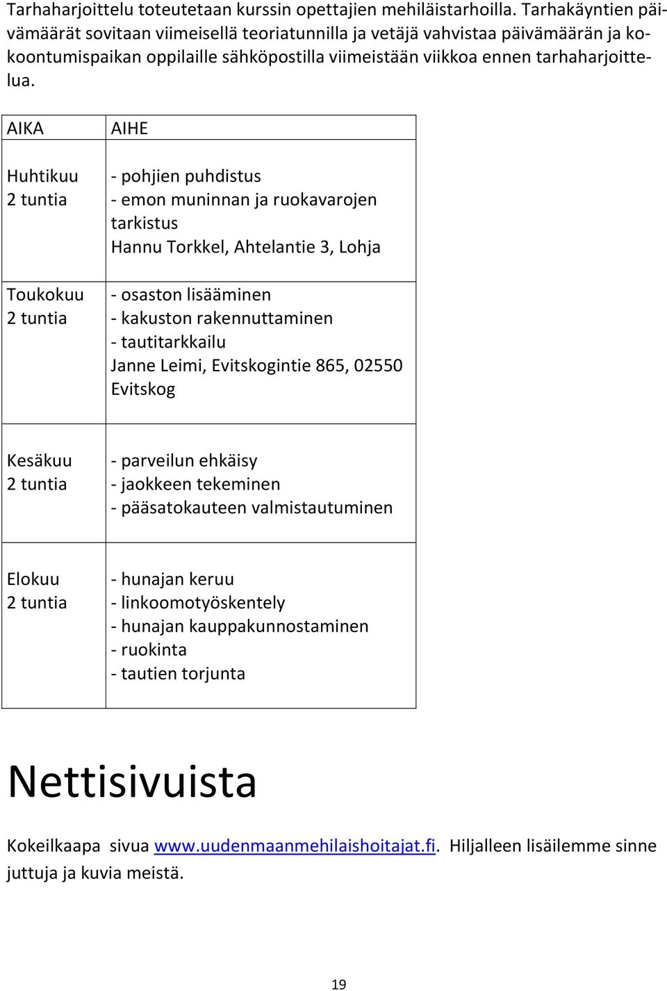 AIKA Huhtikuu 2 tuntia Toukokuu 2 tuntia AIHE - pohjien puhdistus - emon muninnan ja ruokavarojen tarkistus Hannu Torkkel, Ahtelantie 3, Lohja - osaston lisääminen - kakuston rakennuttaminen -