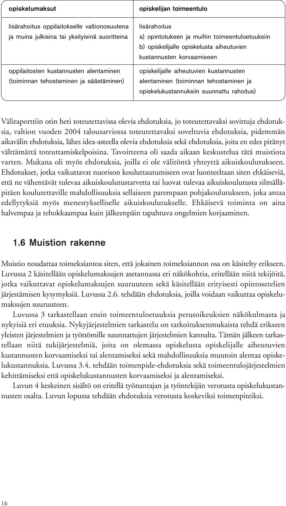 (toiminnan tehostaminen ja opiskelukustannuksiin suunnattu rahoitus) Väliraporttiin otin heti toteutettavissa olevia ehdotuksia, jo toteutettavaksi sovittuja ehdotuksia, valtion vuoden 2004