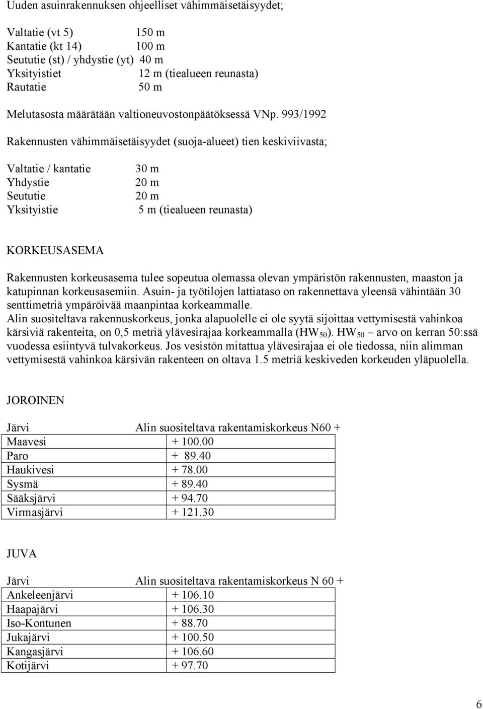 993/1992 Rakennusten vähimmäisetäisyydet (suoja-alueet) tien keskiviivasta; Valtatie / kantatie Yhdystie Seututie Yksityistie 30 m 20 m 20 m 5 m (tiealueen reunasta) KORKEUSASEMA Rakennusten